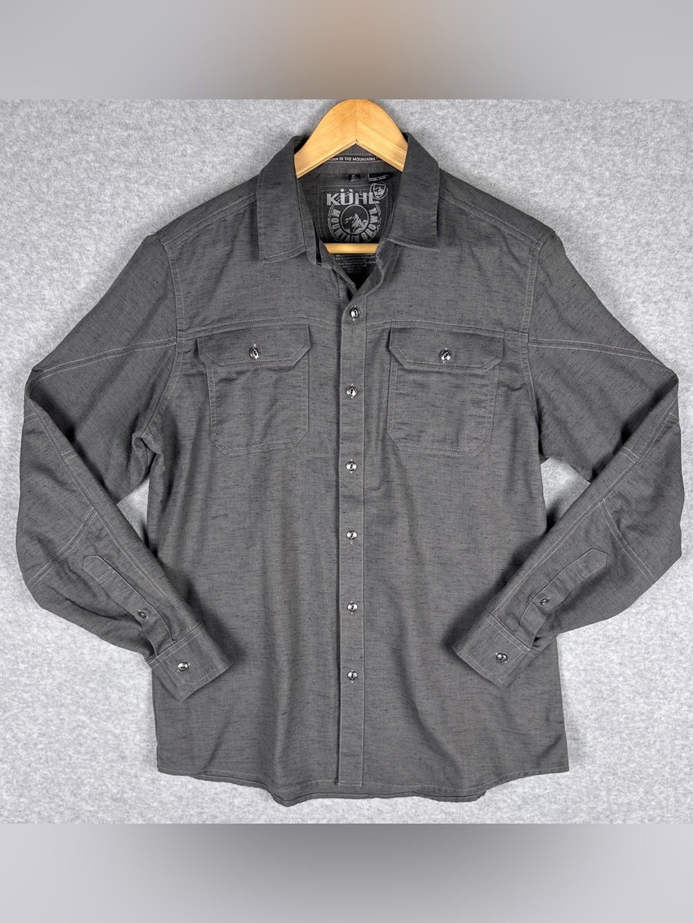 KÜHL Shiftr Shirt Mens M Gray Herringbone Linen Blend Hiking Outdoor